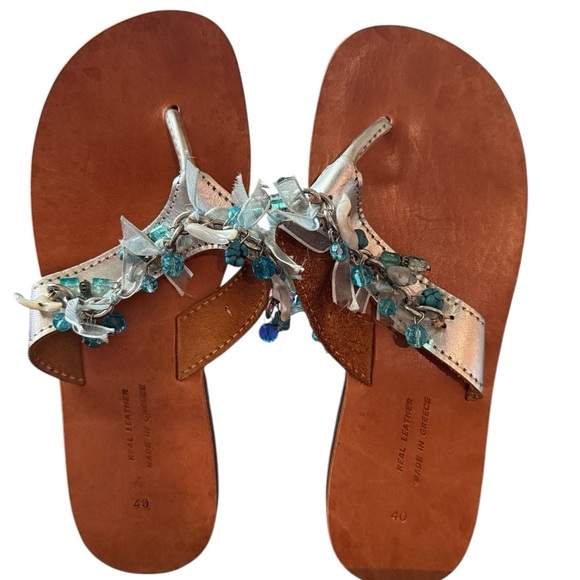 Handmade in Greece Seashell Beaded Thong Genuine Leather Sandals Anciet Greek S9 - Picture 3 of 14